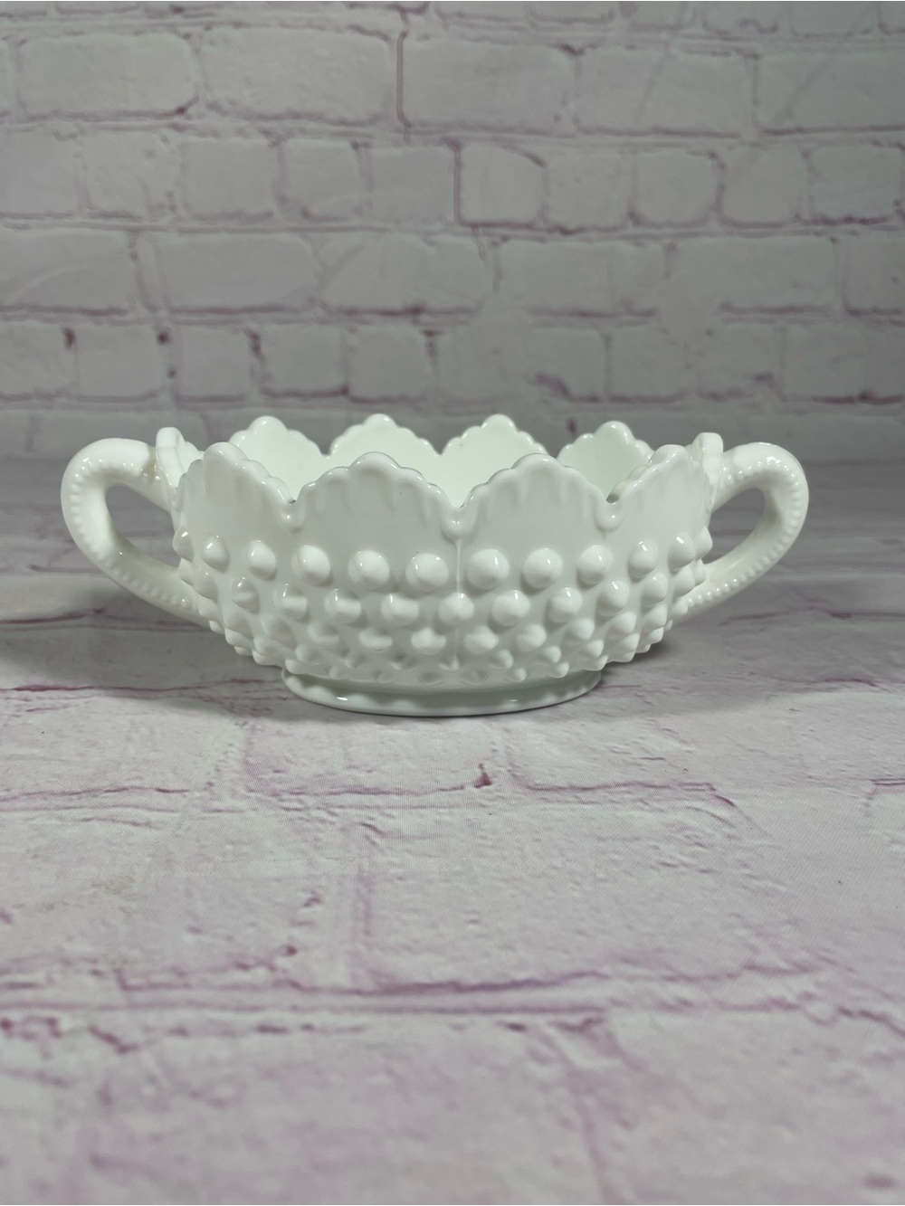 Vintage Fenton White Milk Glass Hobnail Double Handle Candy Nut Dish Bowl